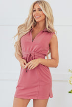 Load image into Gallery viewer, Mineral Red French Terry Zipped Collar Sleeveless Drawstring Waist Mini Dress
