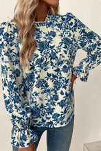 Load image into Gallery viewer, Sky Blue Floral Print Flounce Sleeve Keyhole Back Blouse
