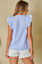 Load image into Gallery viewer, Sky Blue Stripe Geo Pattern Embroidered Tassel Flutter Blouse
