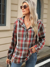 Load image into Gallery viewer, Drawstring Plaid Hooded Long Sleeve Top
