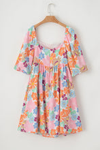 Load image into Gallery viewer, Pink Summer Floral Square Neck Puff Sleeve Babydoll Dress
