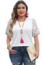 Load image into Gallery viewer, White Contrast Floral Puff Sleeve Ribbed Knit Plus Size Blouse
