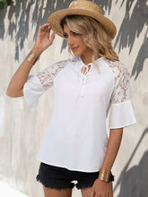 Load image into Gallery viewer, Shiny Lace Detail Tie Neck Half Sleeve Blouse
