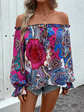 Load image into Gallery viewer, Tied Ruffled Printed Off-Shoulder Long Sleeve Blouse
