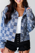 Load image into Gallery viewer, Light Blue Checkered Patchwork Button up Denim Jacket
