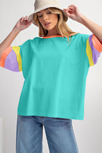 Load image into Gallery viewer, Light Blue Color Block Stitching Sleeve Round Neck Oversize Top
