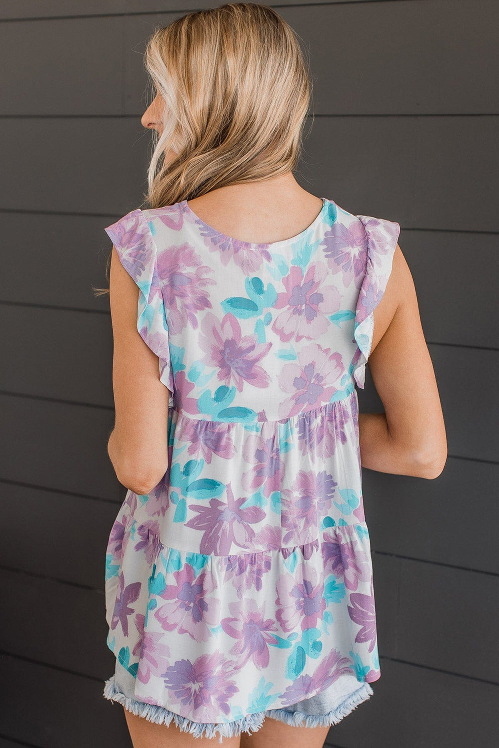Womens - Watercolor Floral Ruffled V Neck Tank Top