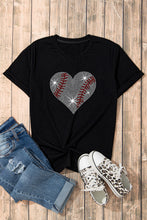 Load image into Gallery viewer, Black Rhinestone Baseball Heart Shape Graphic Casual T Shirt
