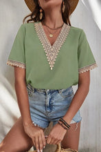 Load image into Gallery viewer, Full Size Lace Detail V-Neck Short Sleeve Blouse
