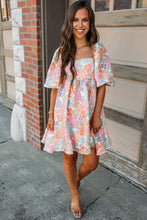 Load image into Gallery viewer, Pink Summer Floral Square Neck Puff Sleeve Babydoll Dress
