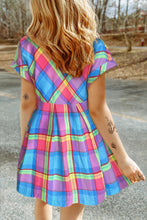 Load image into Gallery viewer, Light Blue Multicolor Plaid Short Sleeve Babydoll Mini Dress
