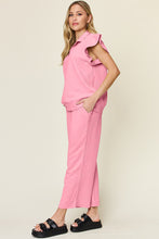 Load image into Gallery viewer, Double Take Texture Ruffle Short Sleeve Top and Drawstring Wide Leg Pants Set
