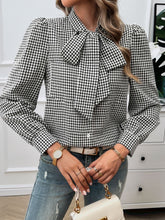 Load image into Gallery viewer, Pocketed Plaid Tie Neck Long Sleeve Shirt
