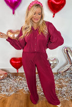 Load image into Gallery viewer, Rose Red Plus Size Ribbed Long Sleeve Shirt and Pants Pajama Set
