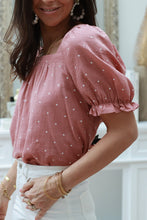 Load image into Gallery viewer, Pink Square Neck Dotted Print Puff Sleeve Blouse with Tie Back
