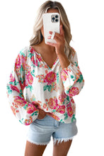 Load image into Gallery viewer, White Notch V Neck Floral Pleated Puff Sleeve Blouse
