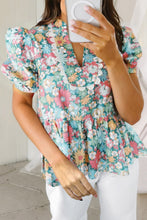 Load image into Gallery viewer, Multicolor Notched Neck Puff Short Sleeve Floral Blouse
