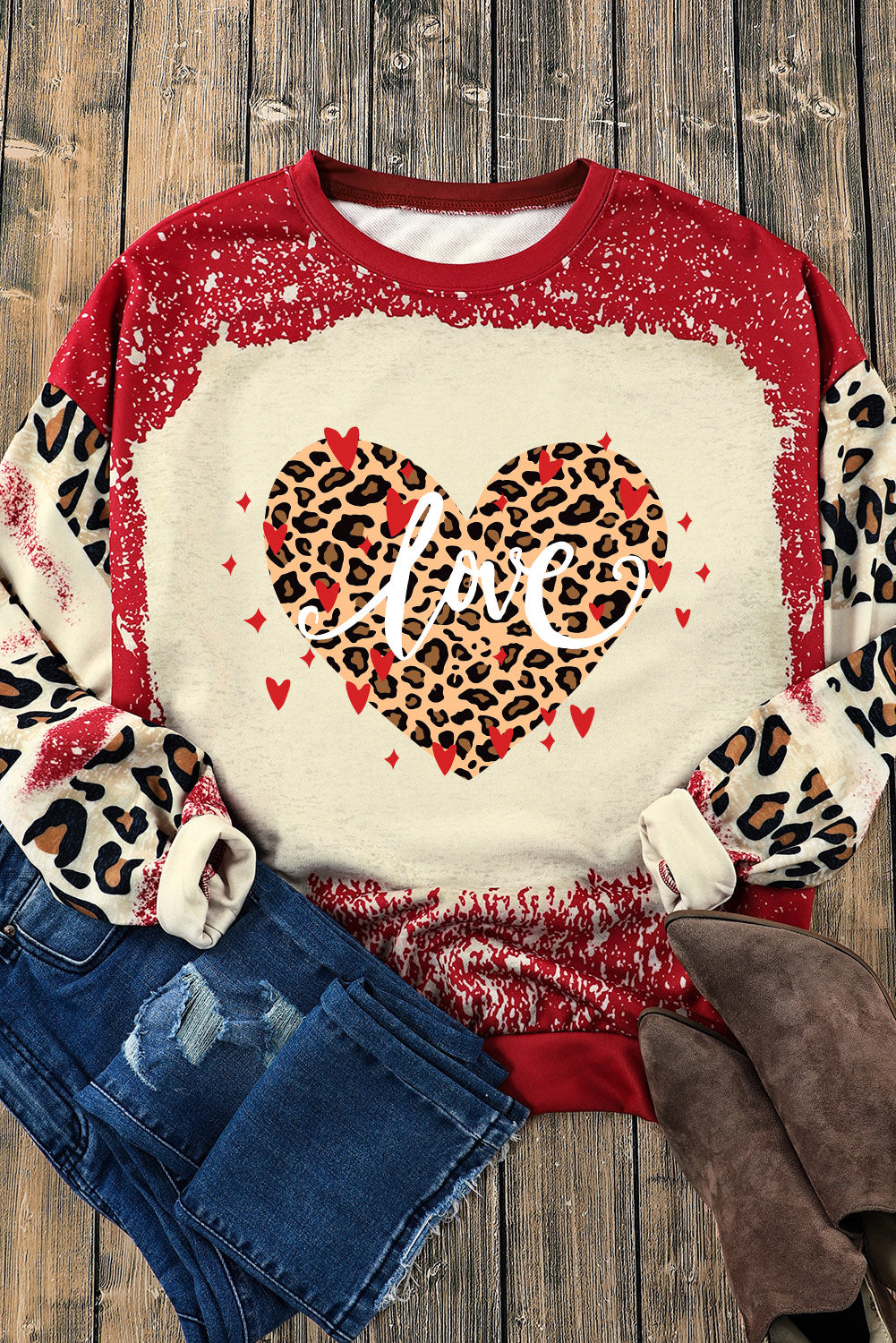 LOVE Heart Leopard Round Neck Sweatshirt
