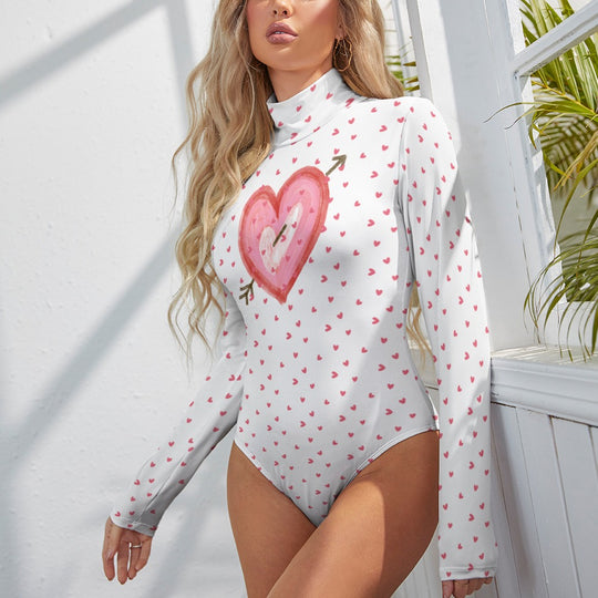 Ti Amo I love you - Exclusive Brand  - Women's Hearts with Large Heart Turtleneck Long Sleeve Bodysuit