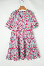 Load image into Gallery viewer, Light Blue Abstract Printed Ricrac Tiered Puff Sleeve Dress
