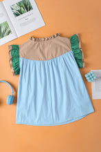 Load image into Gallery viewer, Mist Blue Colorblock Ruffled Sleeve Frill V Neck Blouse
