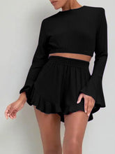 Load image into Gallery viewer, Round Neck Long Sleeve Top and Ruffled Shorts Set
