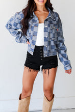 Load image into Gallery viewer, Light Blue Checkered Patchwork Button up Denim Jacket
