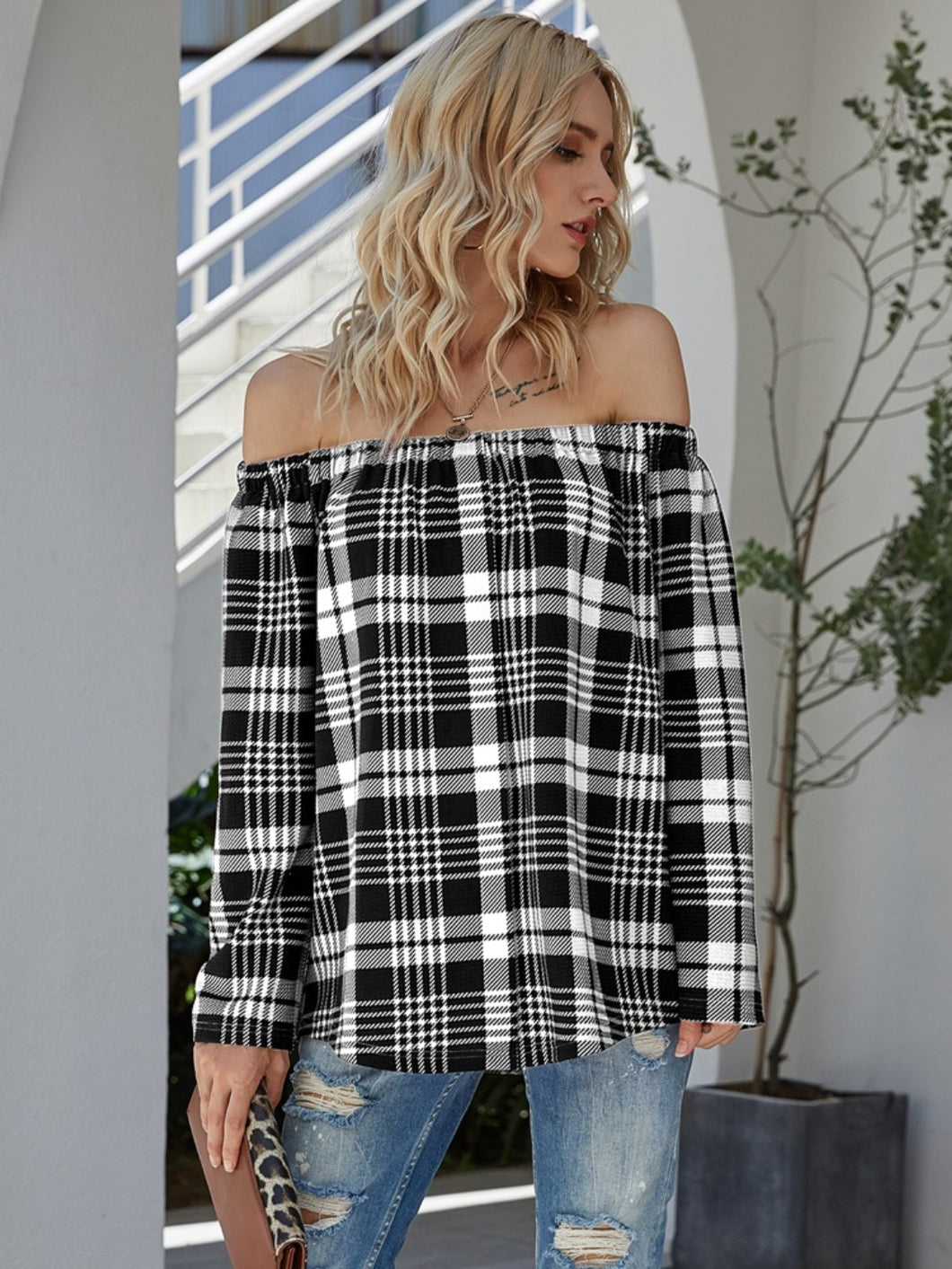 Shiny Off-Shoulder Pllaid Long Sleeve T-Shirt