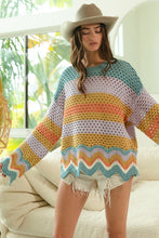 Load image into Gallery viewer, BiBi Wavy Hem Openwork Contrast Round Neck Sweater
