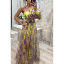 Load image into Gallery viewer, Mesh Tie-dye Printed Off-shoulder Slit Dress Summer INS Fashion Long Dress Party
