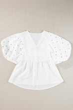 Load image into Gallery viewer, White Embroidered Puff Sleeve V Neck Blouse
