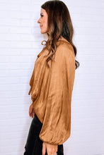 Load image into Gallery viewer, Camel Satin Pleated Tied V Neck Puff Sleeve Blouse
