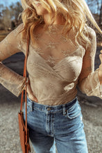 Load image into Gallery viewer, Apricot Lace Mesh Crochet Splicing Slim Fit Long Sleeve Blouse
