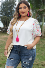 Load image into Gallery viewer, White Contrast Floral Puff Sleeve Ribbed Knit Plus Size Blouse
