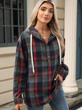 Load image into Gallery viewer, Drawstring Plaid Hooded Long Sleeve Top
