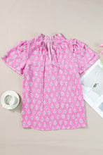 Load image into Gallery viewer, Ruffled Printed Tie Neck Short Sleeve Blouse
