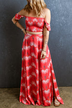 Load image into Gallery viewer, Red Floral Shirred Off Shoulder Crop Top and Slit Maxi Skirt Set
