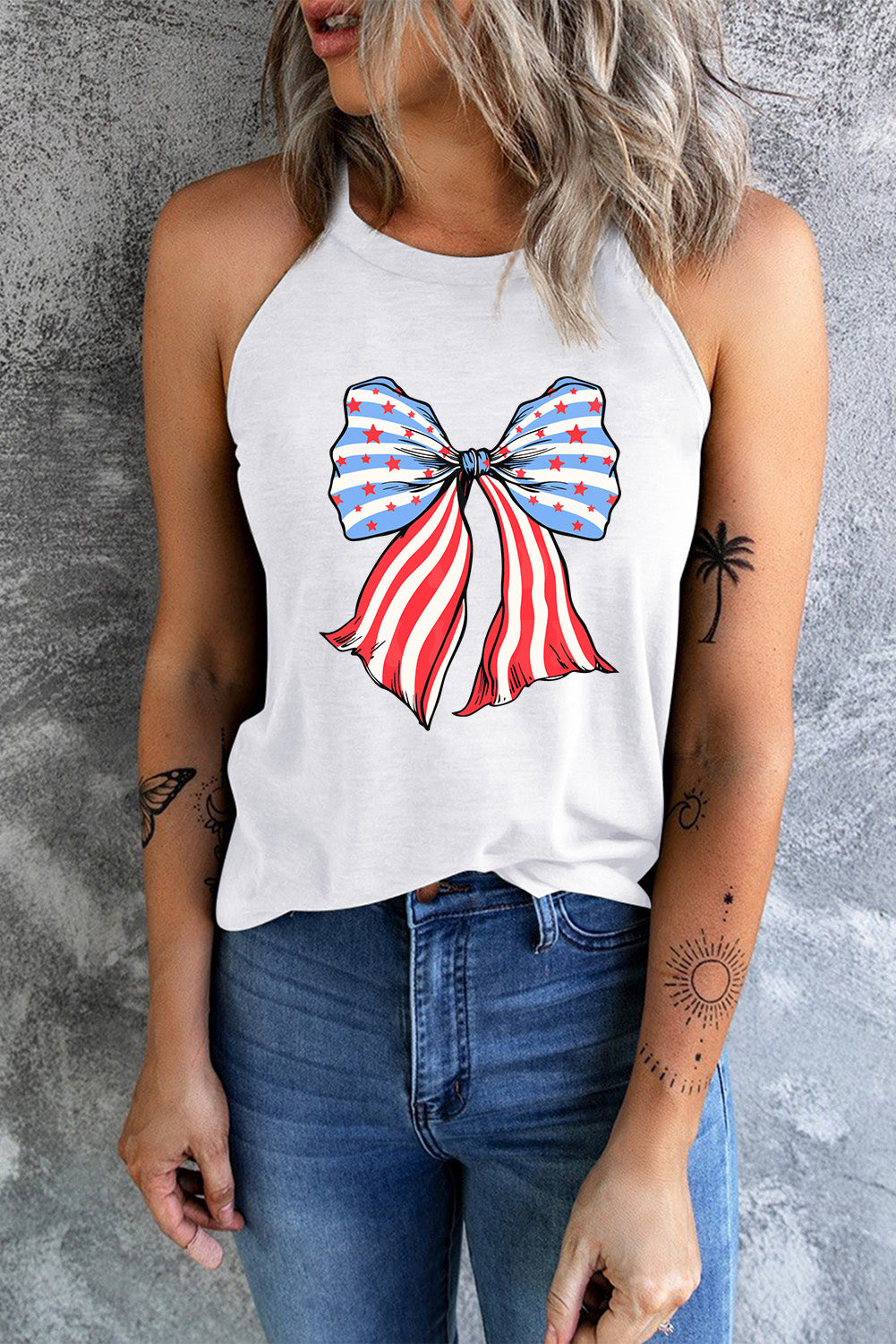 White Stars Stripes Bowknot Graphic Tank Top