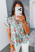 Load image into Gallery viewer, Multicolor Notched Neck Puff Short Sleeve Floral Blouse
