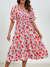 Load image into Gallery viewer, Smocked Floral Square Neck Short Sleeve Dress
