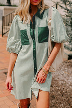 Load image into Gallery viewer, Green Patch Pockets Button Down Short Puff Sleeve Dress
