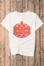 Load image into Gallery viewer, White Chenille Checkerboard Hello Pumpkin Patched Pattern Thanksgiving T Shirt
