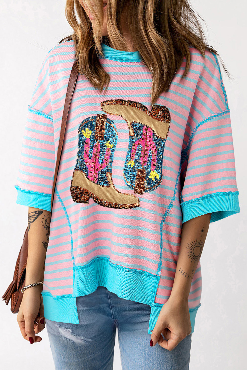 Pink Stripe Sequin Western Cactus Boots Graphic Half Sleeve T Shirt