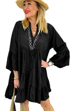 Load image into Gallery viewer, Black Chambray Ruffled 3/4 Sleeve Tiered Split V Neck Mini Dress
