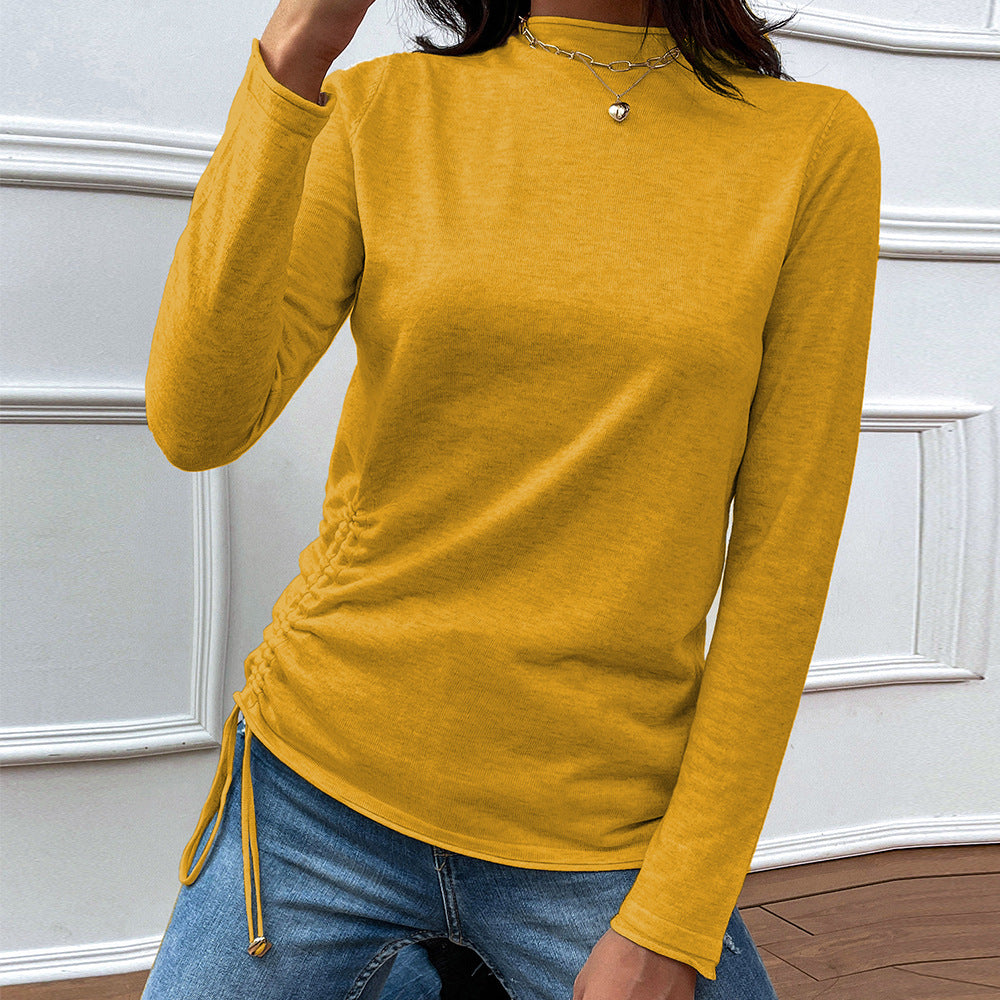 Shiny Drawstring Mock Neck Long Sleeve T-Shirt