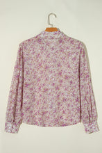 Load image into Gallery viewer, Pink Floral Print Bishop Sleeve Collared V Neck Shirt
