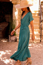 Load image into Gallery viewer, Green Solid Color V Neck Wrap Pleated Short Sleeve Maxi Dress
