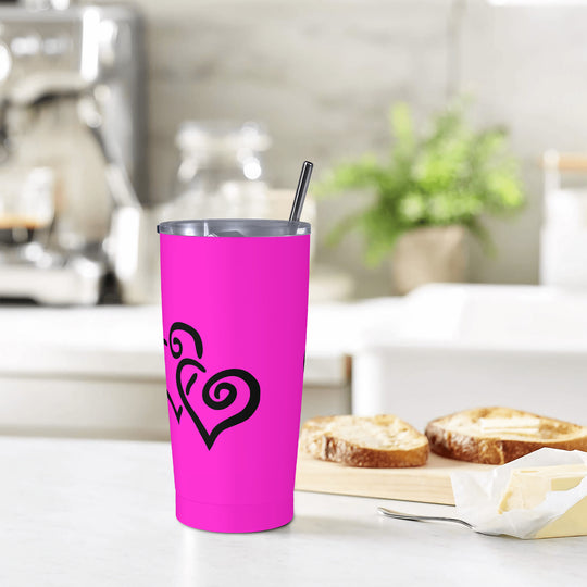 Ti Amo I love you - Exclusive Brand - Hot Magenta - Double Black Heart - 20oz Stainless Steel Straw Lid Cup