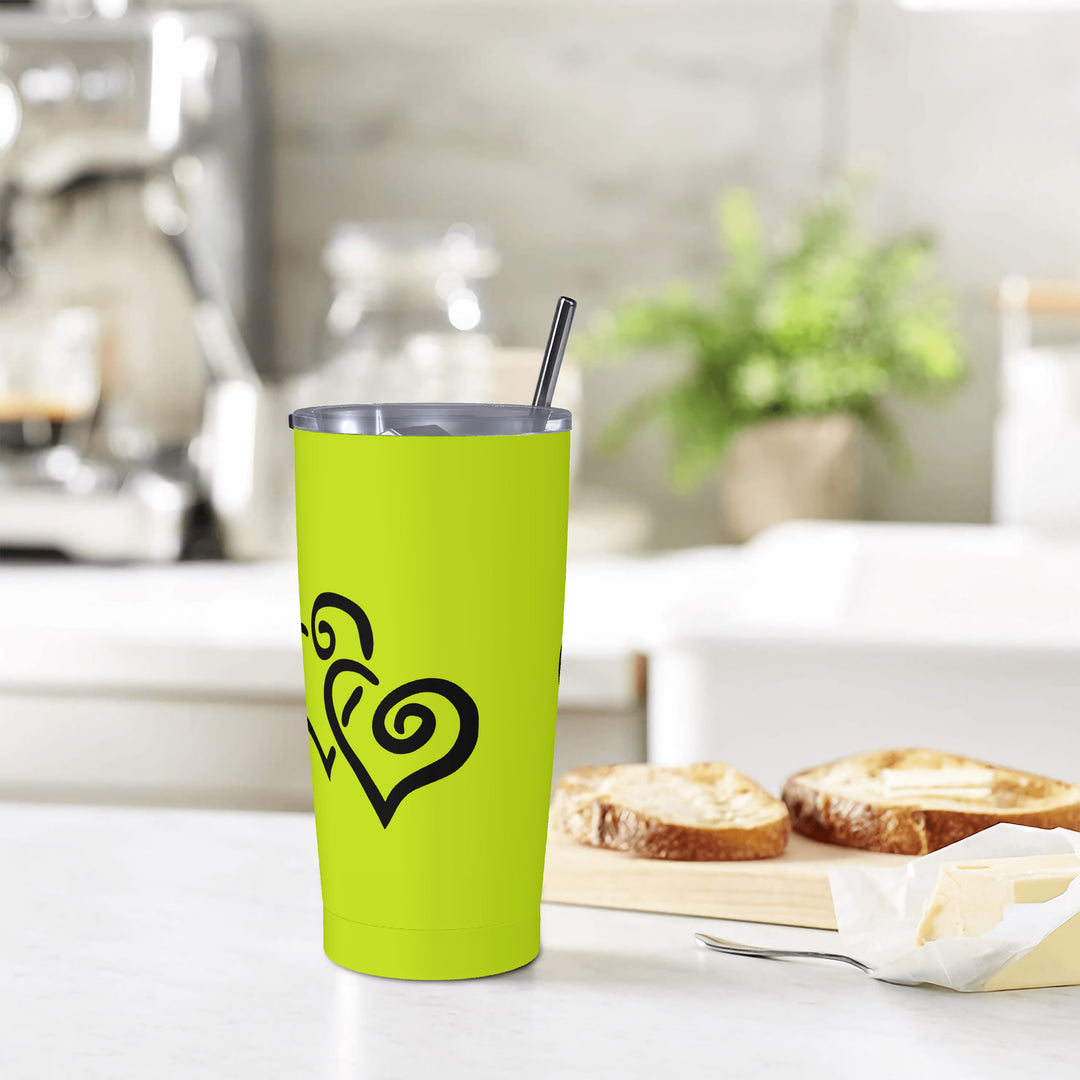 Ti Amo I love you - Exclusive Brand - Fuego Green - Double Black Heart - 20oz Stainless Steel Straw Lid Cup