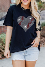 Load image into Gallery viewer, Black Rhinestone Baseball Heart Shape Graphic Casual T Shirt
